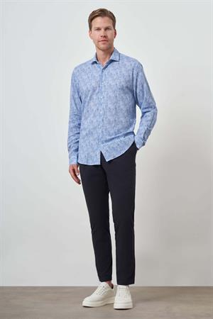 Morven Erkek Mavi Keten Trend Dynamic Fit Düğmeli Yaka Gömlek