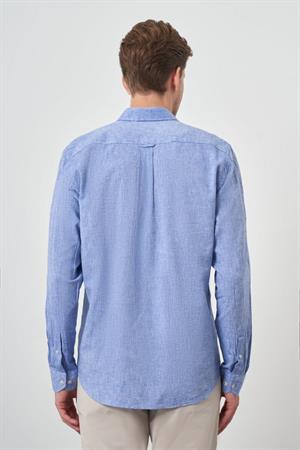 Morven Erkek Mavi Keten Trend Dynamic Fit Düğmeli Yaka Gömlek