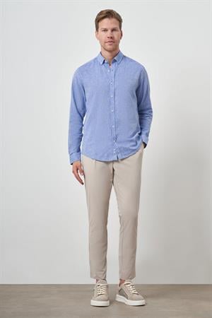 Morven Erkek Mavi Keten Trend Dynamic Fit Düğmeli Yaka Gömlek