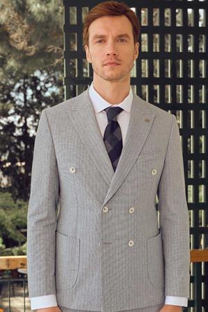 Morven Erkek Mavi Keten Trend Slim Fit Sivri Yaka Takım Elbise