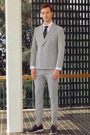 Morven Erkek Mavi Keten Trend Slim Fit Sivri Yaka Takım Elbise