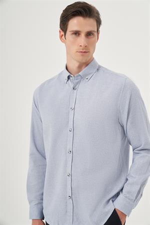 Morven Erkek Mavi Kışlık Düğmeli Yaka Dynamic Fit Gömlek