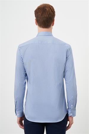 Morven Erkek Mavi Pamuk Baskılı Desenli  İtalyan Yaka Slim Fit Gömlek
