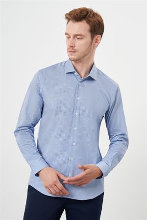 Morven Erkek Mavi Pamuk Baskılı Desenli  İtalyan Yaka Slim Fit Gömlek