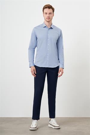 Morven Erkek Mavi Pamuk Baskılı Desenli  İtalyan Yaka Slim Fit Gömlek