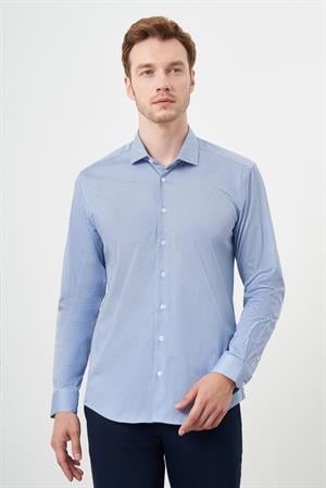 Morven Erkek Mavi Pamuk Baskılı Desenli  İtalyan Yaka Slim Fit Gömlek