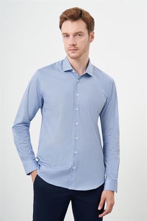 Morven Erkek Mavi Pamuk Baskılı Desenli  İtalyan Yaka Slim Fit Gömlek