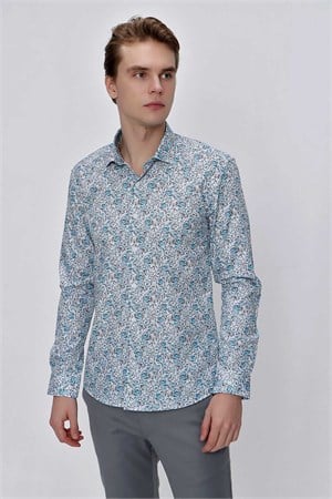 Morven Erkek Mavi Pamuk Baskılı Slim Fit Dar Kesim  Gömlek