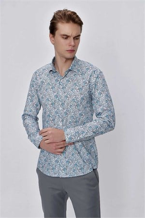 Morven Erkek Mavi Pamuk Baskılı Slim Fit Dar Kesim  Gömlek