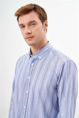 Morven Erkek Mavi Pamuk Çizgili-Panolu Düğmeli Yaka Regular Fit Gömlek