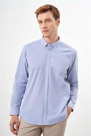 Morven Erkek Mavi Pamuk Çizgili Panolu Düğmeli Yaka Regular Fit Gömlek