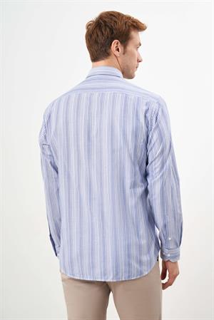 Morven Erkek Mavi Pamuk Çizgili-Panolu Düğmeli Yaka Regular Fit Gömlek