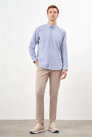 Morven Erkek Mavi Pamuk Çizgili Panolu Düğmeli Yaka Regular Fit Gömlek