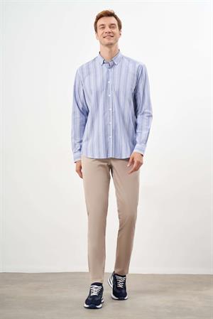Morven Erkek Mavi Pamuk Çizgili-Panolu Düğmeli Yaka Regular Fit Gömlek