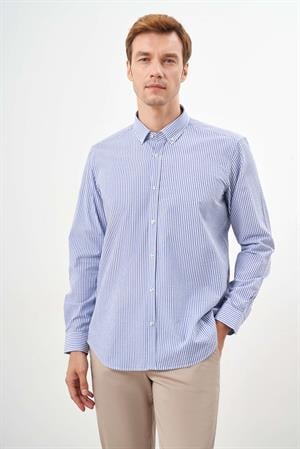 Morven Erkek Mavi Pamuk Çizgili Panolu Düğmeli Yaka Regular Fit Gömlek