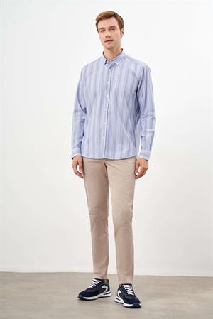 Morven Erkek Mavi Pamuk Çizgili-Panolu Düğmeli Yaka Regular Fit Gömlek