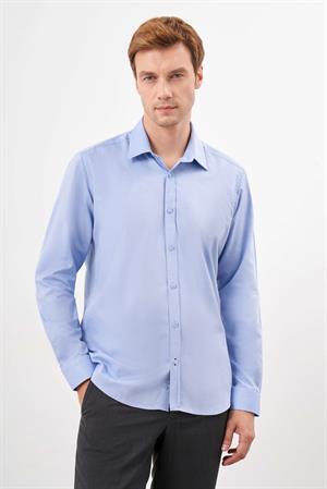 Morven Erkek Mavi Pamuk Düz Desen Sert Yaka Regular Fit Gömlek