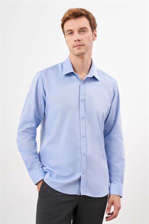 Morven Erkek Mavi Pamuk Düz Desen Sert Yaka Regular Fit Gömlek