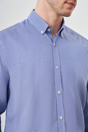 Morven Erkek Mavi Pamuk Ekoseli Düğmeli Yaka Regular Fit Gömlek