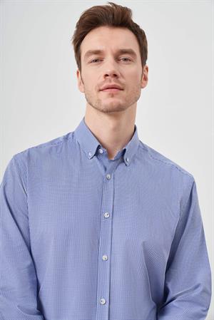 Morven Erkek Mavi Pamuk Ekoseli Düğmeli Yaka Regular Fit Gömlek