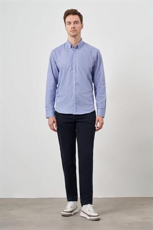 Morven Erkek Mavi Pamuk Ekoseli Düğmeli Yaka Regular Fit Gömlek