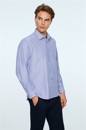 Morven Erkek Mavi Polyester Trend Çizgili Dynamic Fit Sert Yaka Gömlek