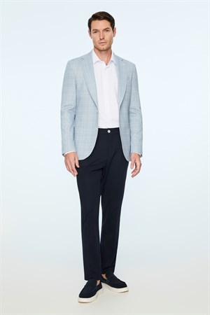 Morven Erkek Mavi Polyester Trend Ekoseli Slim Fit Mono Yaka Ceket
