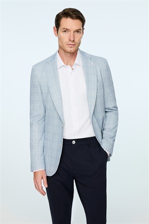 Morven Erkek Mavi Polyester Trend Ekoseli Slim Fit Mono Yaka Ceket