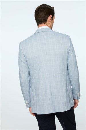 Morven Erkek Mavi Polyester Trend Ekoseli Slim Fit Mono Yaka Ceket