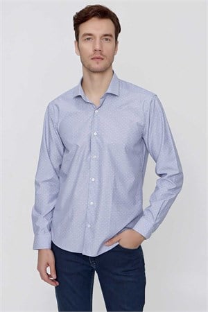 Morven Erkek Mavi Saldera Desenli Slim Fit  Dar Kesim Gömlek