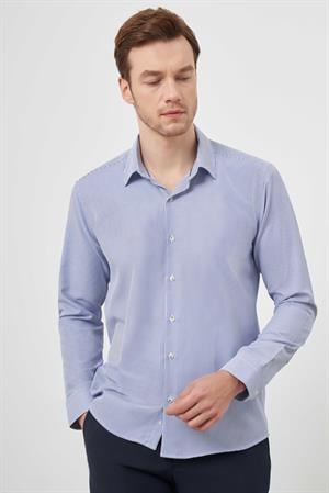 Morven Erkek Mavi Slim Fit Çizgili Desen Sert Yaka Gömlek