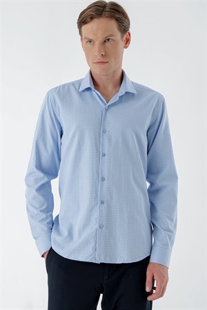 Morven Erkek Mavi Trend Baskılı Desenli İtalyan Yaka Slim Fit Gömlek