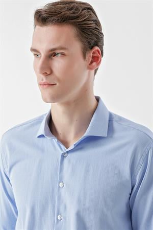Morven Erkek Mavi Trend Baskılı Desenli İtalyan Yaka Slim Fit Gömlek