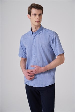 Morven Erkek Mavi Trend Regular Fit Düğmeli Yaka Kısa Kol Gömlek