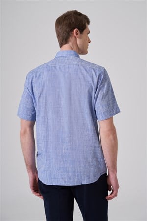 Morven Erkek Mavi Trend Regular Fit Düğmeli Yaka Kısa Kol Gömlek