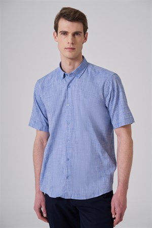 Morven Erkek Mavi Trend Regular Fit Düğmeli Yaka Kısa Kol Gömlek