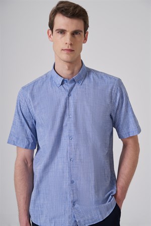 Morven Erkek Mavi Trend Regular Fit Düğmeli Yaka Kısa Kol Gömlek