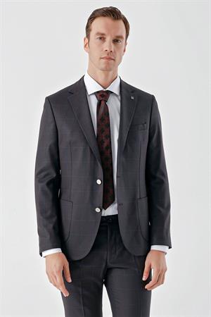 Morven Erkek Mürdüm Poliviskon Trend Ekoseli Slim Fit Mono Yaka Takım Elbise