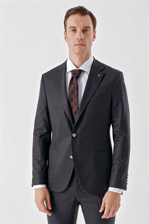 Morven Erkek Mürdüm Poliviskon Trend Ekoseli Slim Fit Mono Yaka Takım Elbise