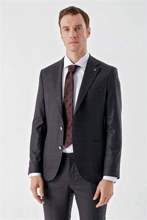 Morven Erkek Mürdüm Poliviskon Trend Ekoseli Slim Fit Mono Yaka Takım Elbise