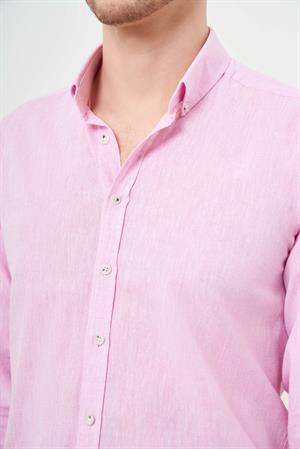 Morven Erkek Pembe Keten Düz Desen Düğmeli Yaka Slim Fit Gömlek