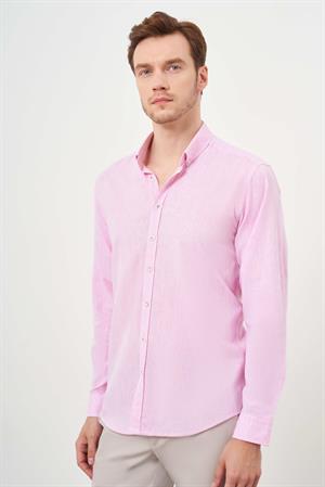 Morven Erkek Pembe Keten Düz Desen Düğmeli Yaka Slim Fit Gömlek