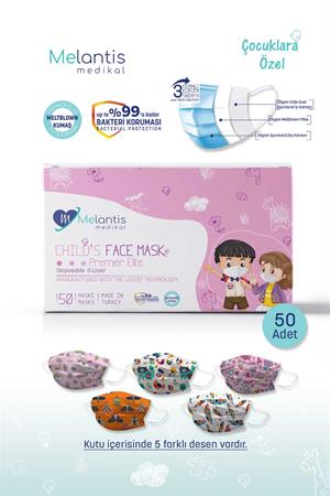 Morven Erkek Renkli MELANTİS MEDİKAL Meltblownlu 3 Katlı Telli Cerrahi Maske Kız Çocuk 1 Kutu = 50 Adet