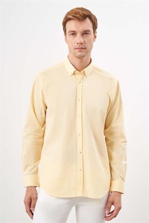 Morven Erkek Sarı Pamuk Çizgili Panolu Düğmeli Yaka Regular Fit Gömlek
