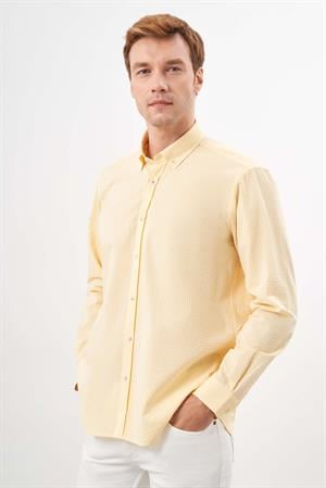 Morven Erkek Sarı Pamuk Çizgili Panolu Düğmeli Yaka Regular Fit Gömlek