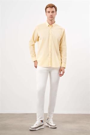 Morven Erkek Sarı Pamuk Çizgili Panolu Düğmeli Yaka Regular Fit Gömlek