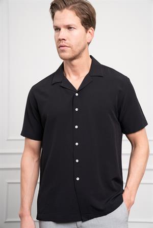 Morven Erkek Siyah Apaş Yaka Kısa Kol Gömlek