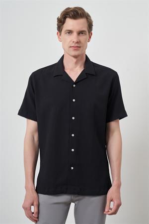 Morven Erkek Siyah Apaş Yaka Kısa Kol Gömlek