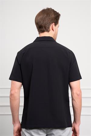 Morven Erkek Siyah Apaş Yaka Kısa Kol Gömlek