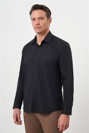 Morven Erkek Siyah Basic Düz Desen Cepli Sert Yaka Regular Fit Gömlek